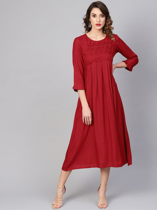  Dotted Rayon Dobby Solid A-Line Dress (Maroon)