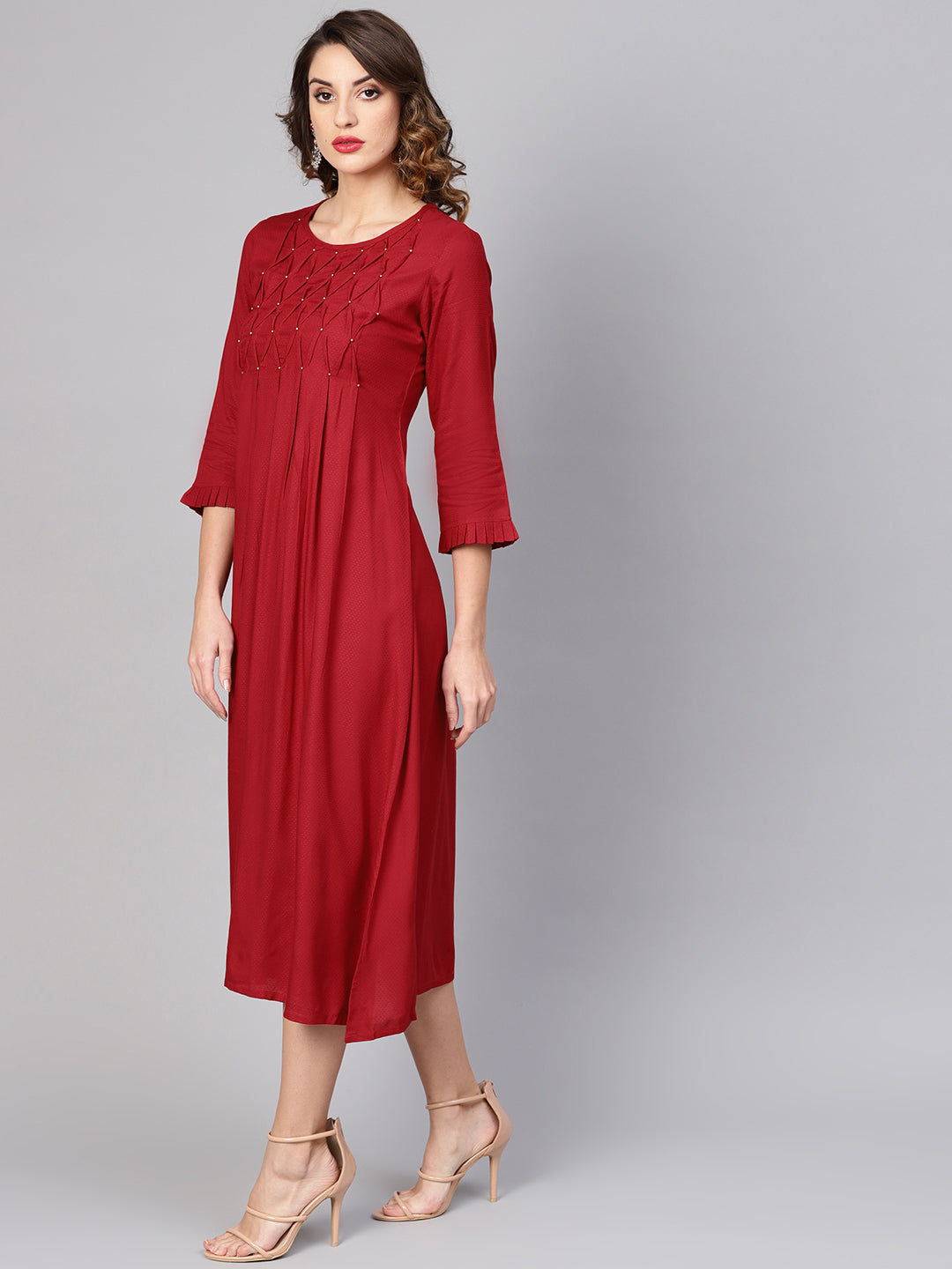 women dotted rayon dobby solid a line dress maroon