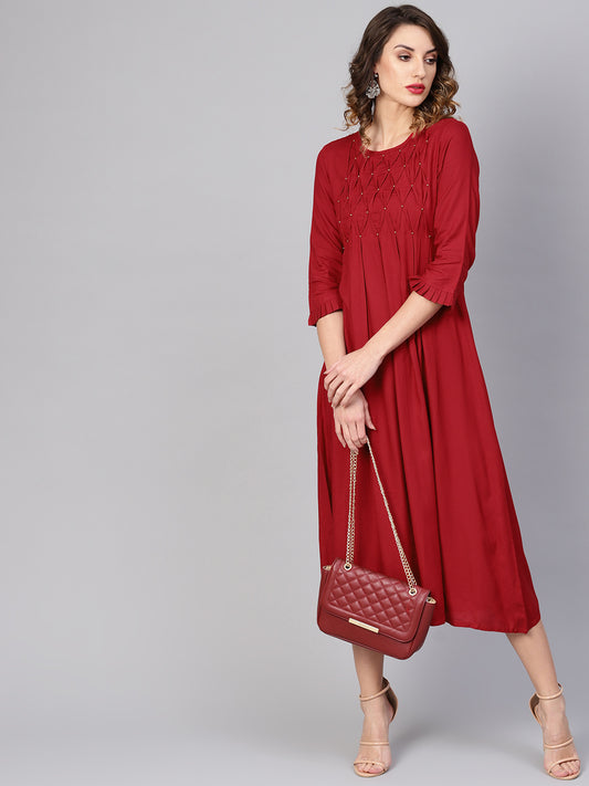 women dotted rayon dobby solid a line dress maroon