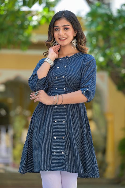 women kantha cotton stripes printed regular tunic blue