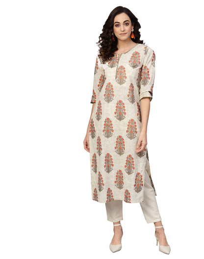 women cotton cambric sequin work straight kurta beige