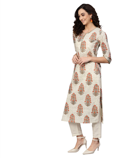 women cotton cambric sequin work straight kurta beige