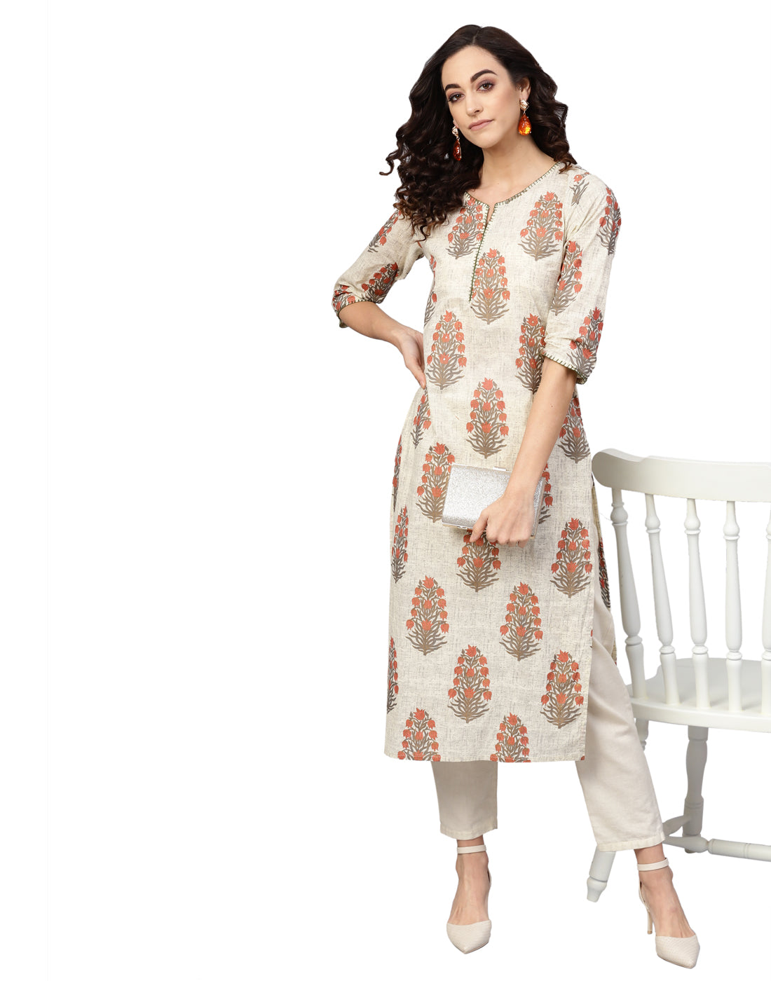 women cotton cambric sequin work straight kurta beige