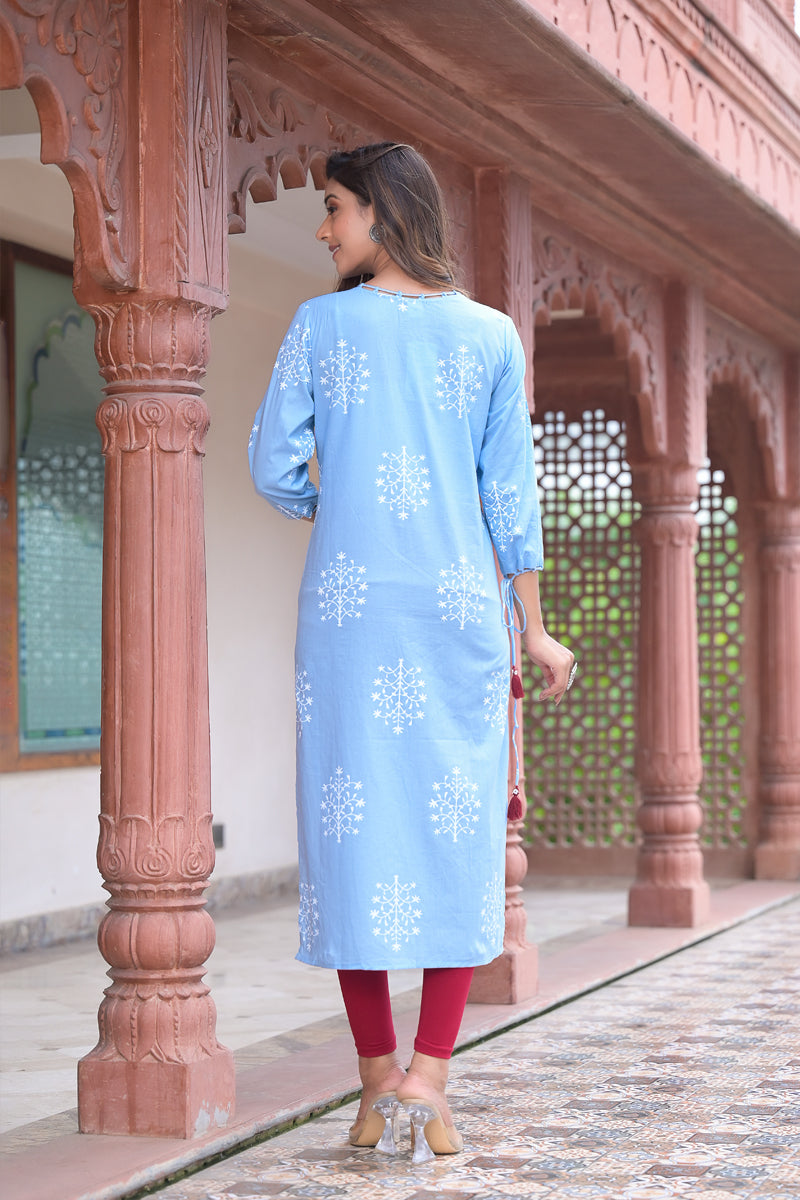 women cotton cambric sequin thread work straight kurta blue