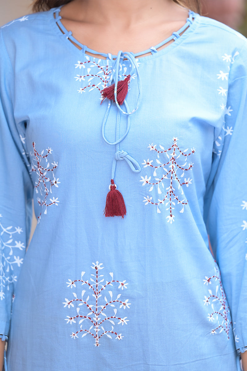  Cotton Cambric Sequin & Thread Work Straight Kurta (Blue)