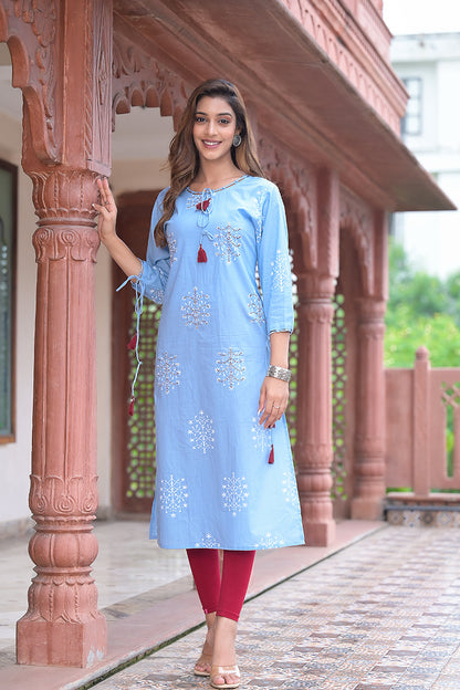 women cotton cambric sequin thread work straight kurta blue