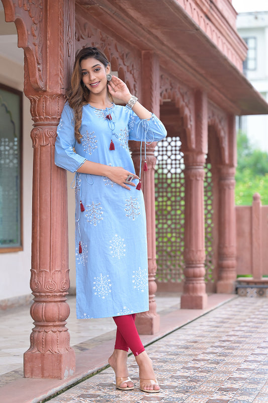 women cotton cambric sequin thread work straight kurta blue