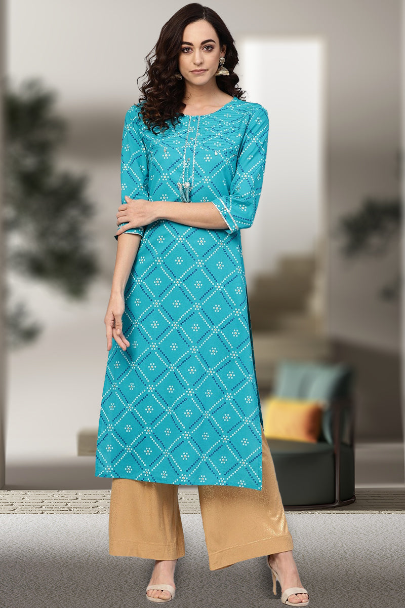 women cotton cambric bandhej print gotta work straight kurta blue