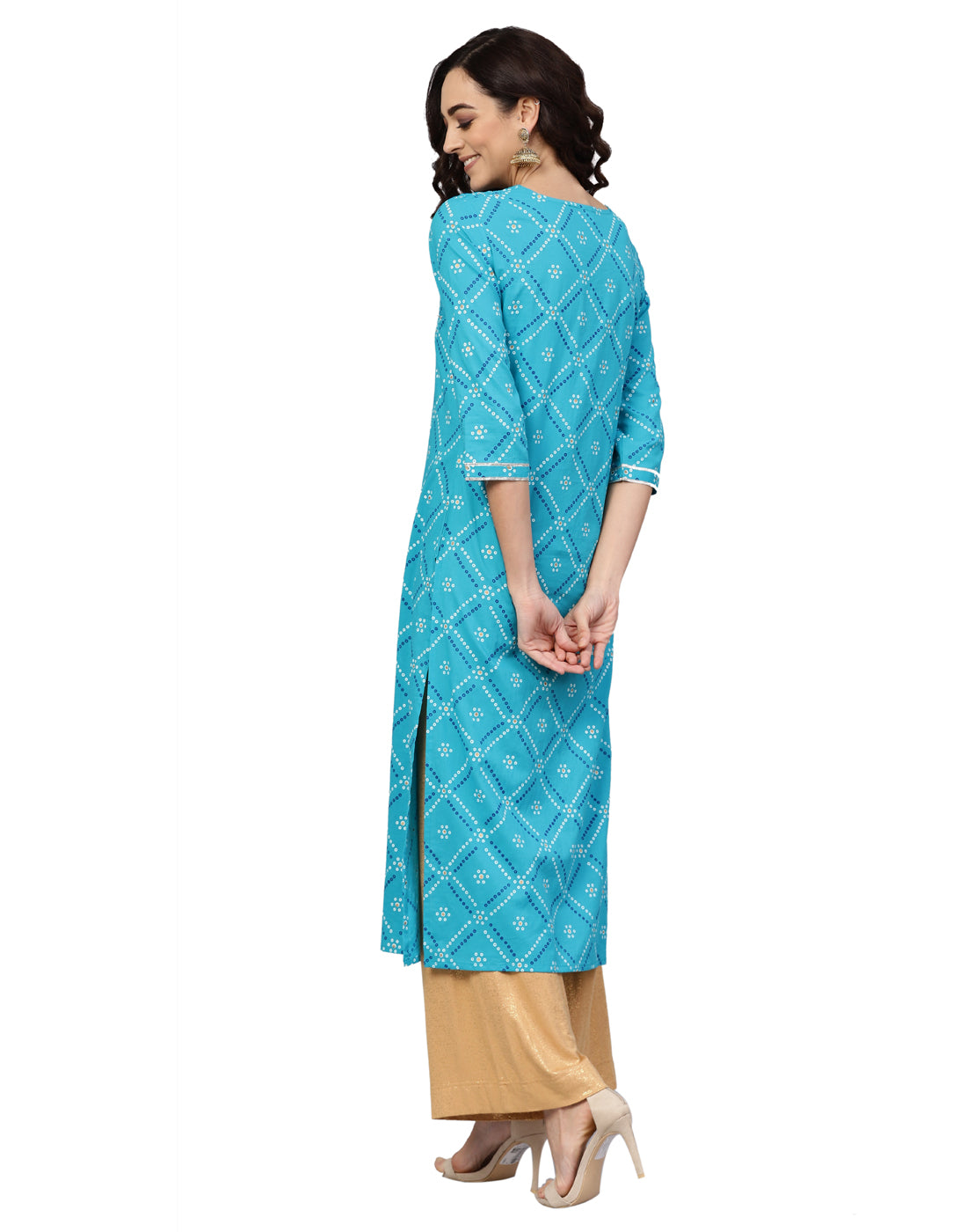 women cotton cambric bandhej print gotta work straight kurta blue