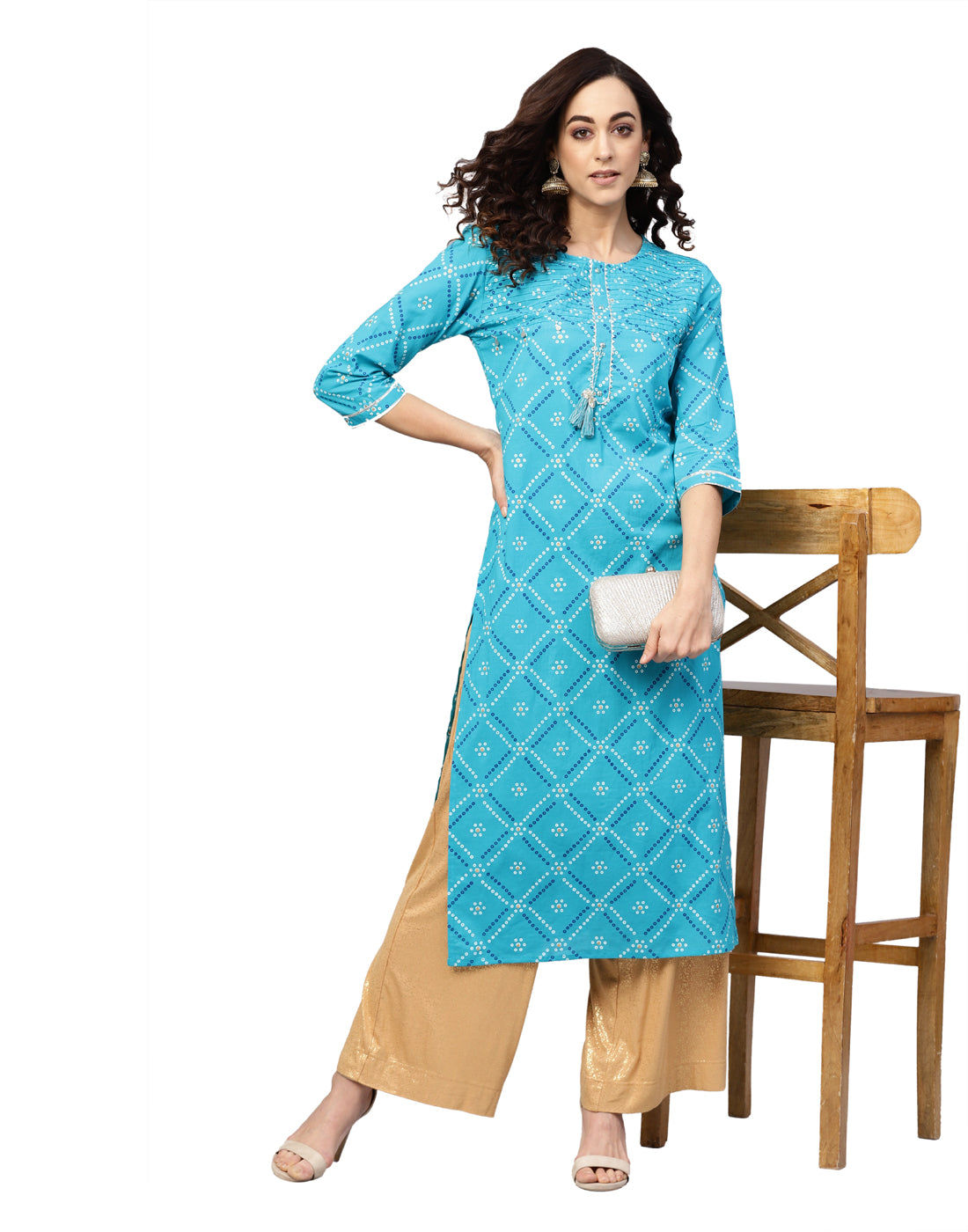 women cotton cambric bandhej print gotta work straight kurta blue