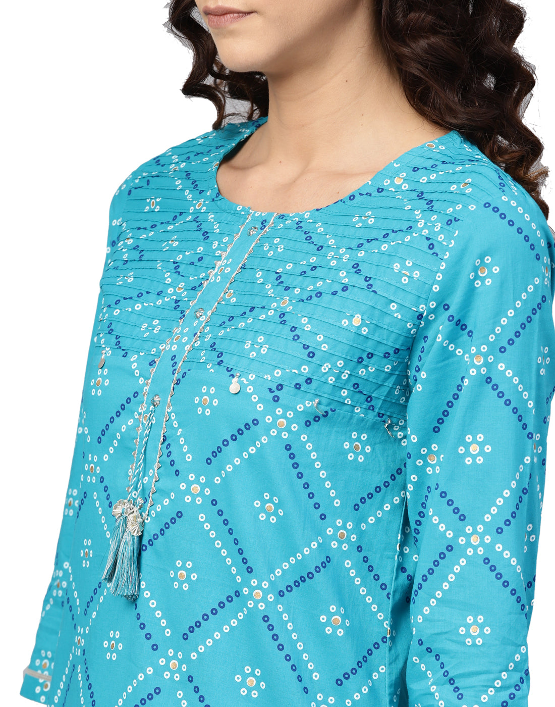 women cotton cambric bandhej print gotta work straight kurta blue