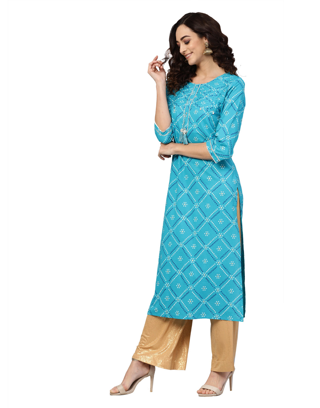 women cotton cambric bandhej print gotta work straight kurta blue