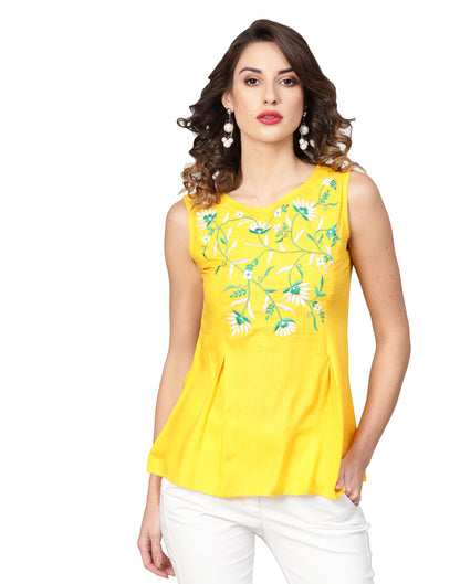 women rayon slub embroidered regular top yellow