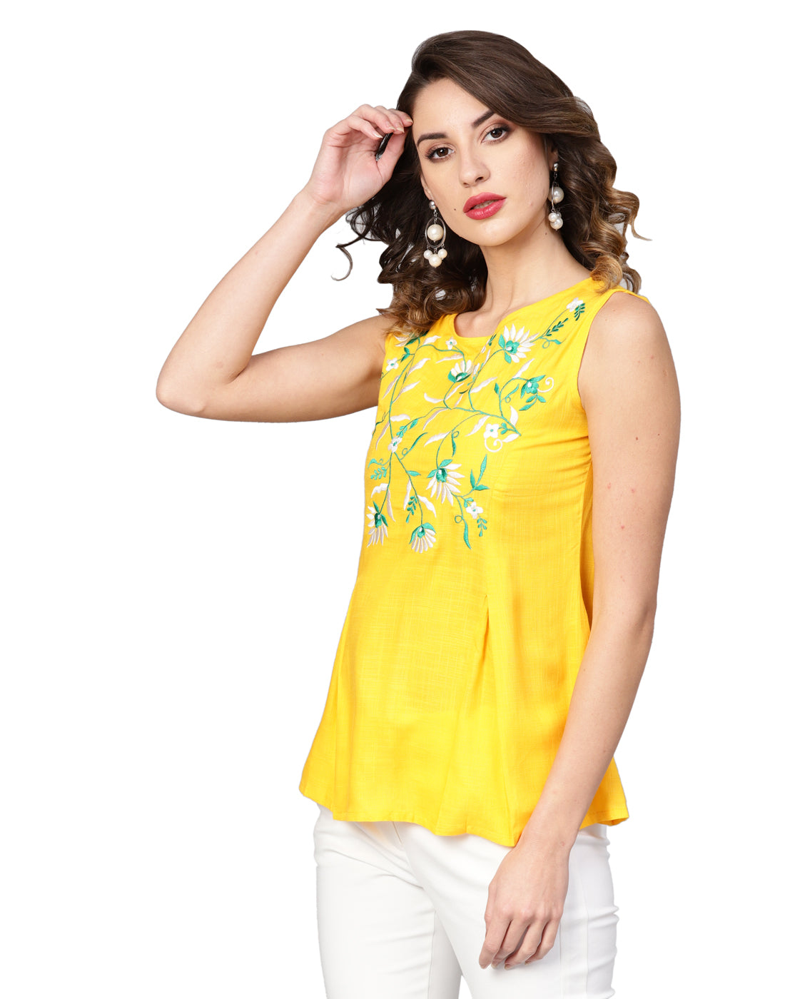 women rayon slub embroidered regular top yellow