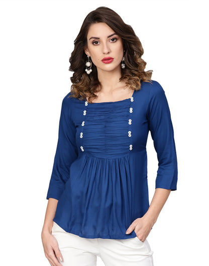 women dotted rayon dobby solid regular top blue