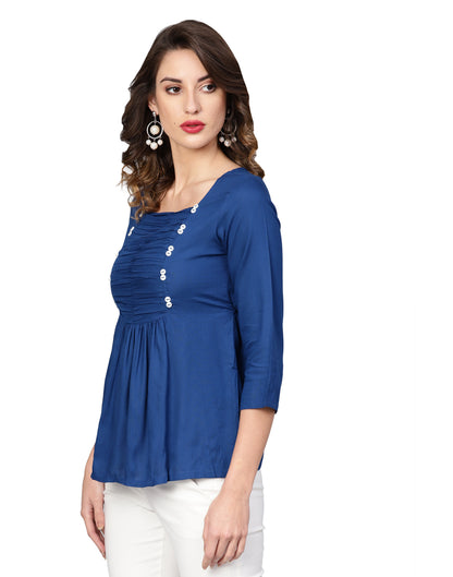 women dotted rayon dobby solid regular top blue