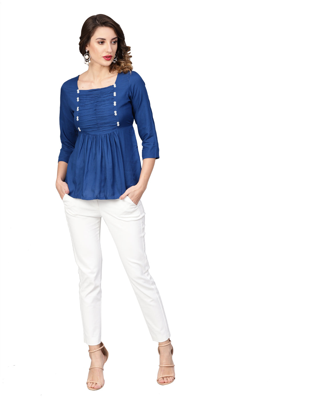 women dotted rayon dobby solid regular top blue