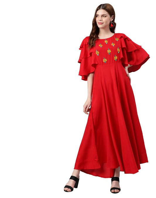women rayon embroidered anarkali ethnic dress red