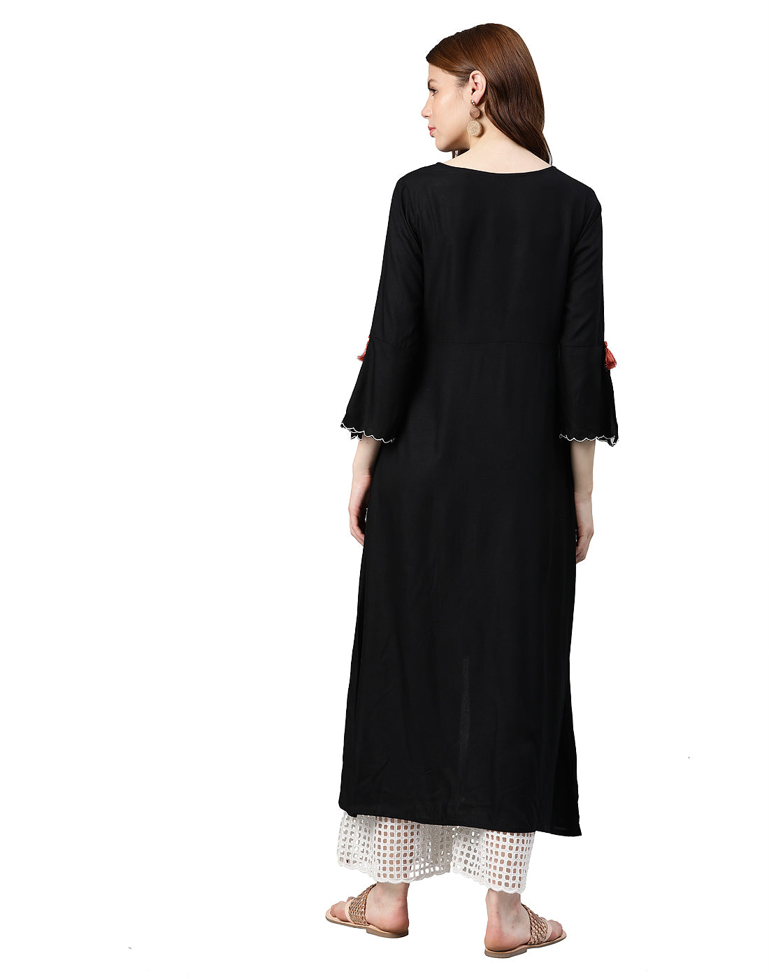 women rayon embroidered up down style kurta black
