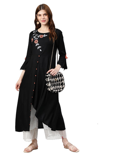 women rayon embroidered up down style kurta black