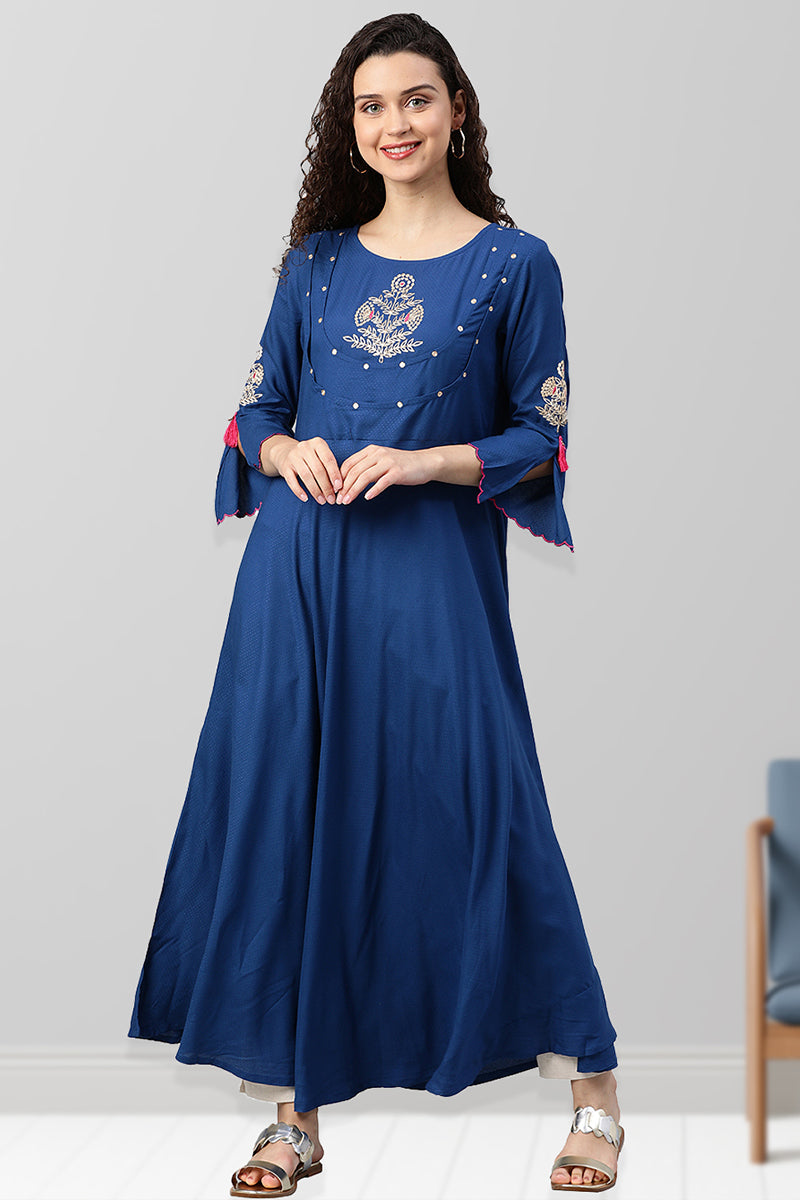 women rayon dobby pittan embroidered anarkali kurta blue