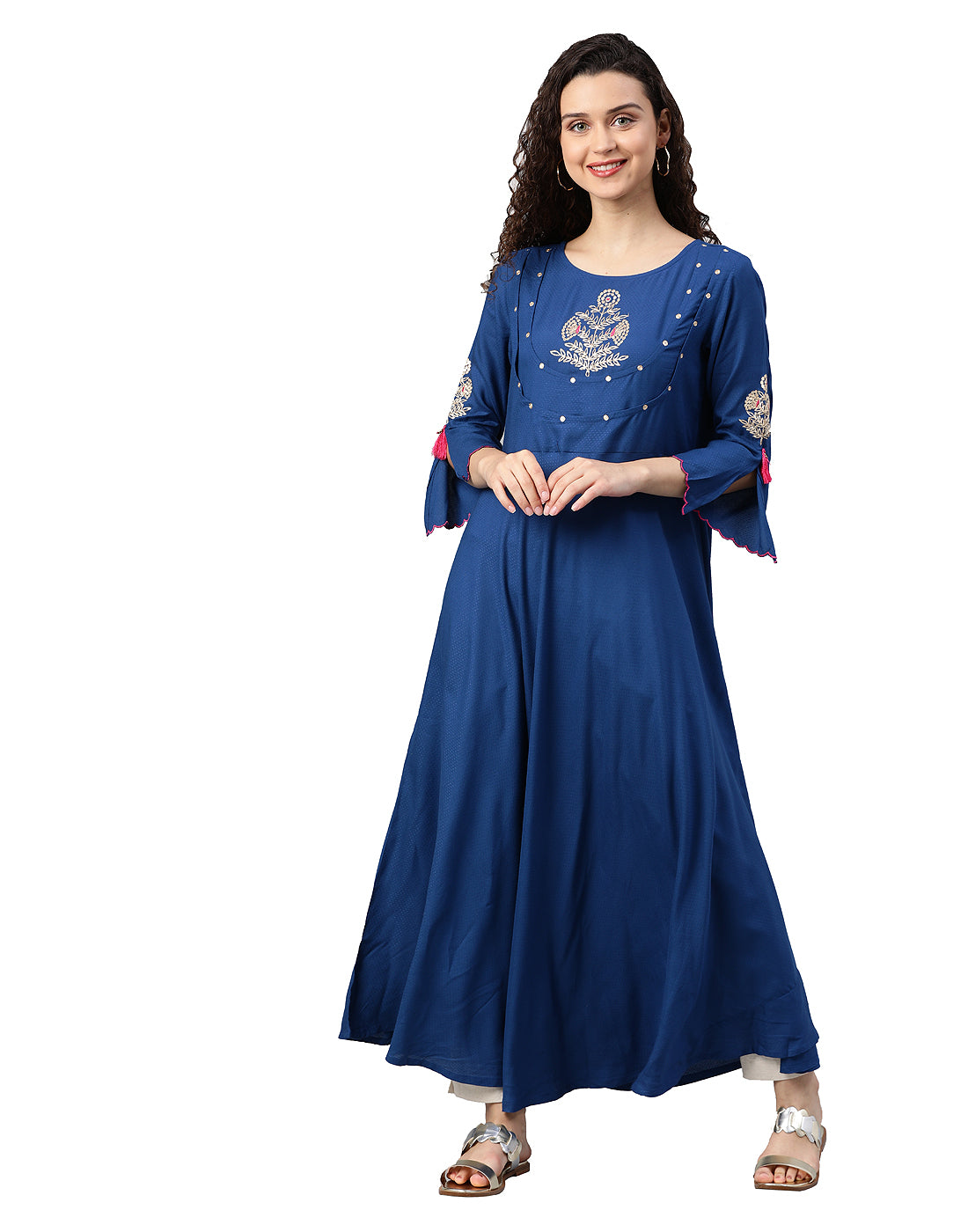 women rayon dobby pittan embroidered anarkali kurta blue