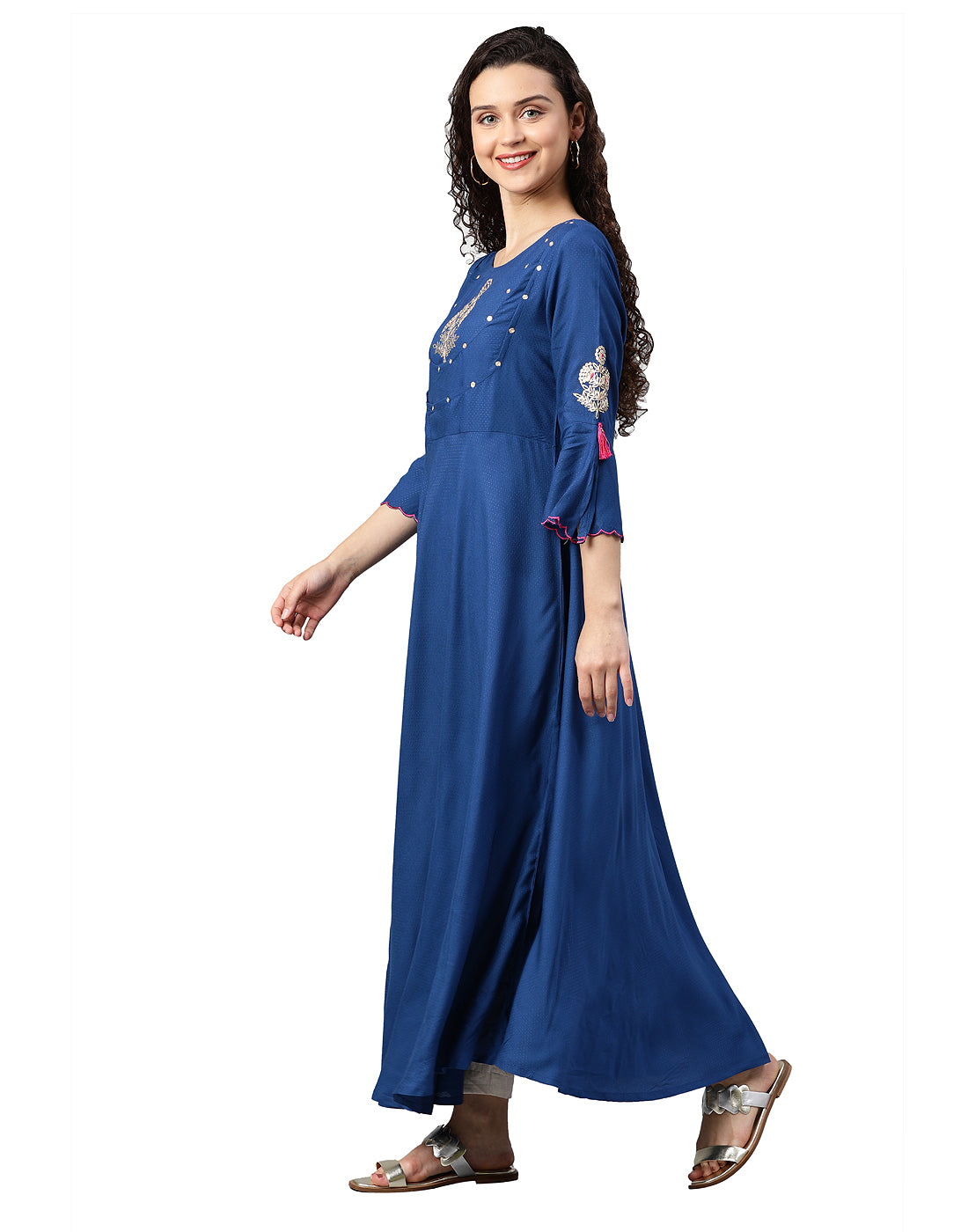 women rayon dobby pittan embroidered anarkali kurta blue