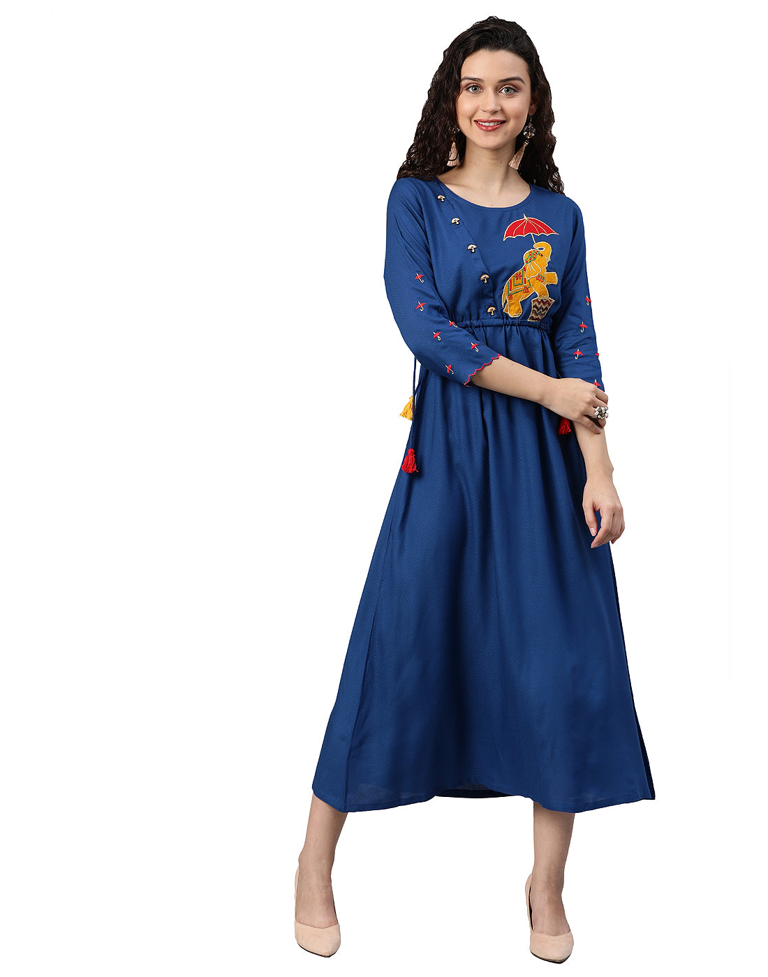 women rayon dobby embroidered a line ethnic dress blue