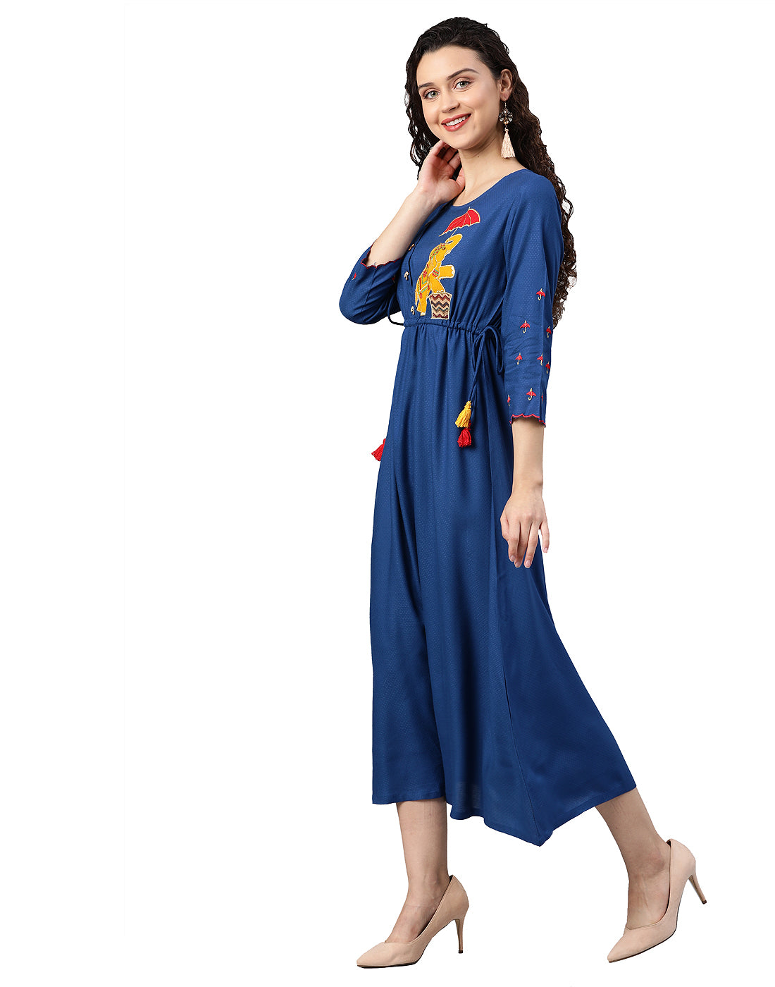  Rayon Dobby Embroidered A-line Ethnic Dress (Blue)