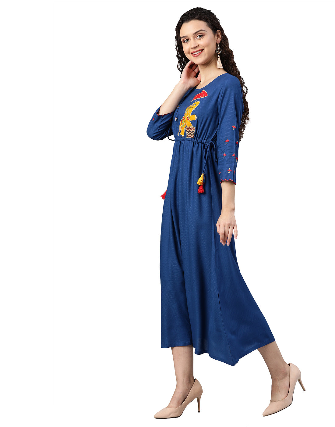 women rayon dobby embroidered a line ethnic dress blue