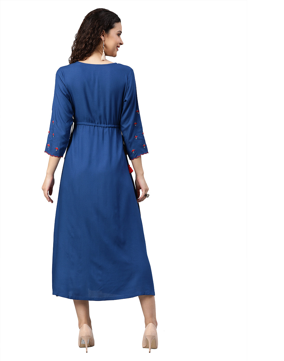 women rayon dobby embroidered a line ethnic dress blue