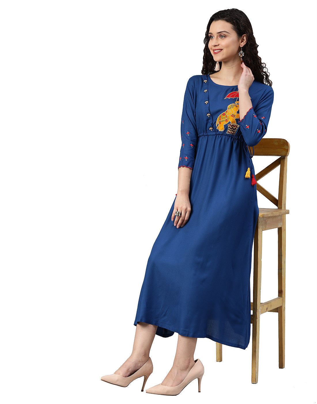 women rayon dobby embroidered a line ethnic dress blue