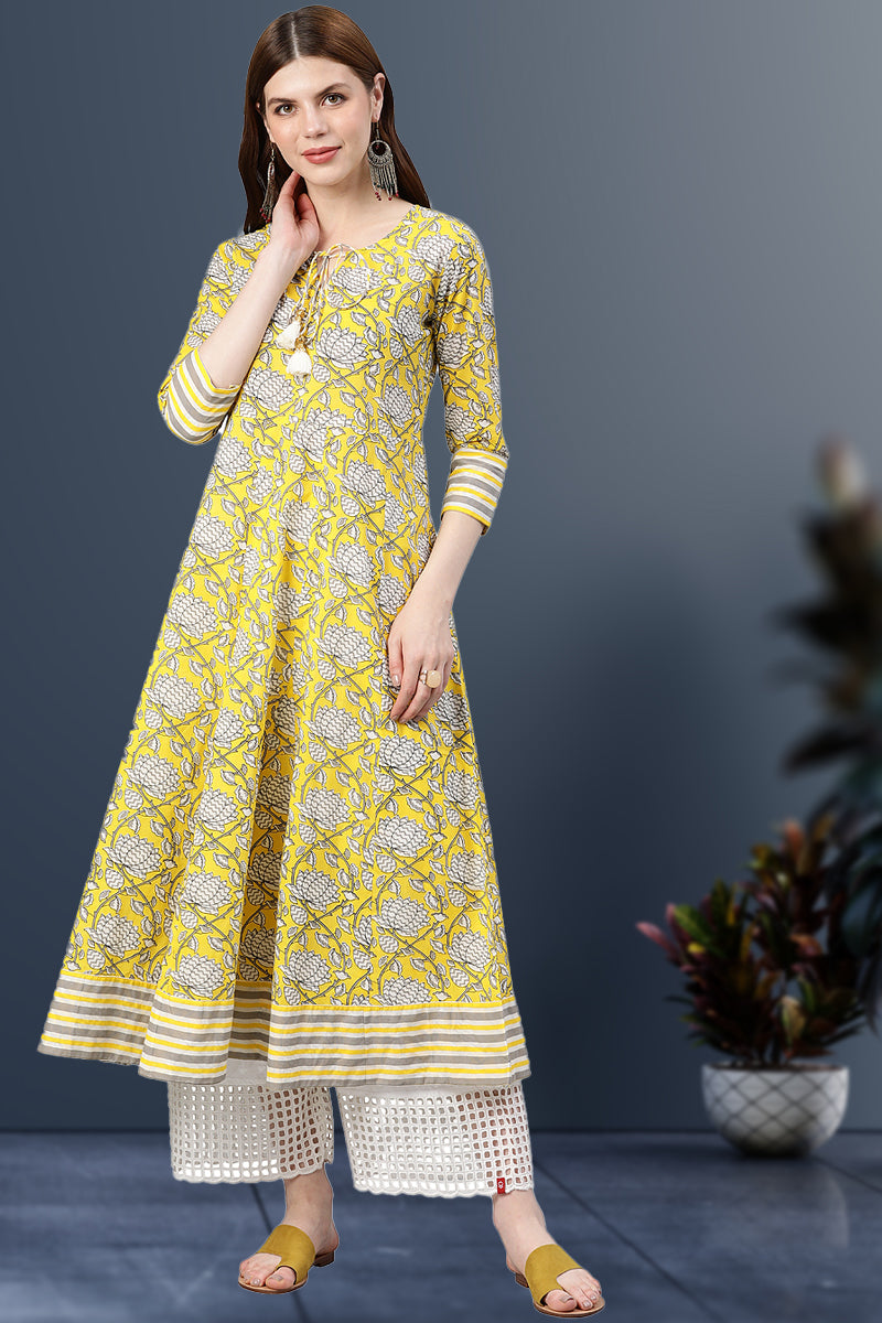 women cambric cotton floral printed anarkali kurta lemon yellow