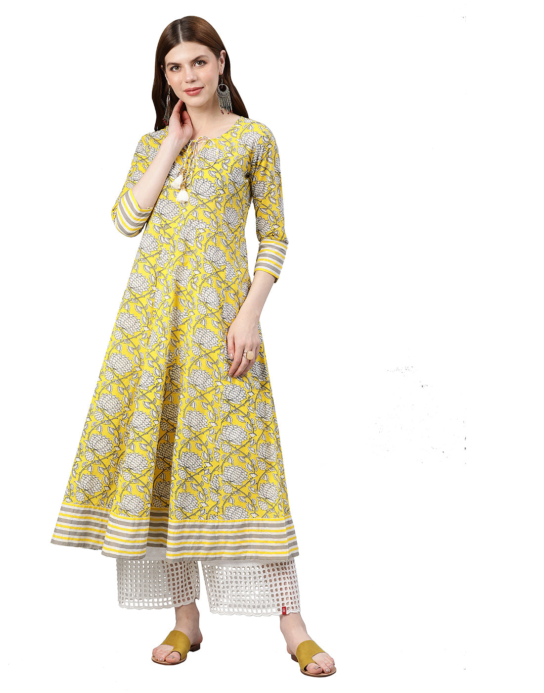 women cambric cotton floral printed anarkali kurta lemon yellow