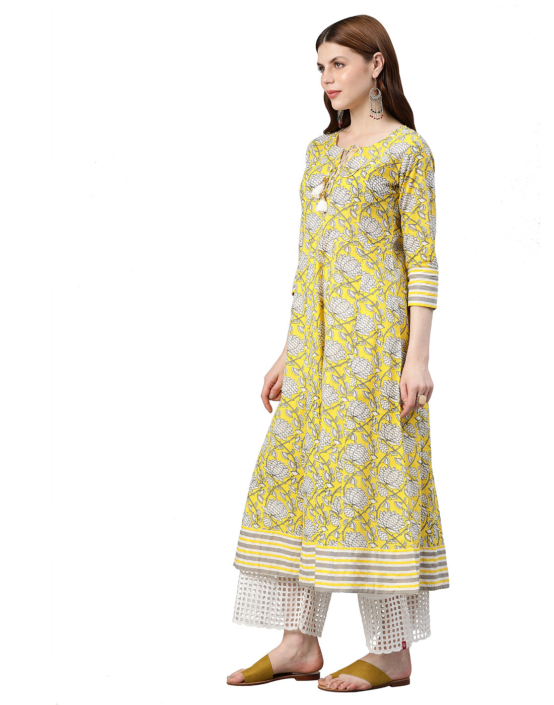 women cambric cotton floral printed anarkali kurta lemon yellow