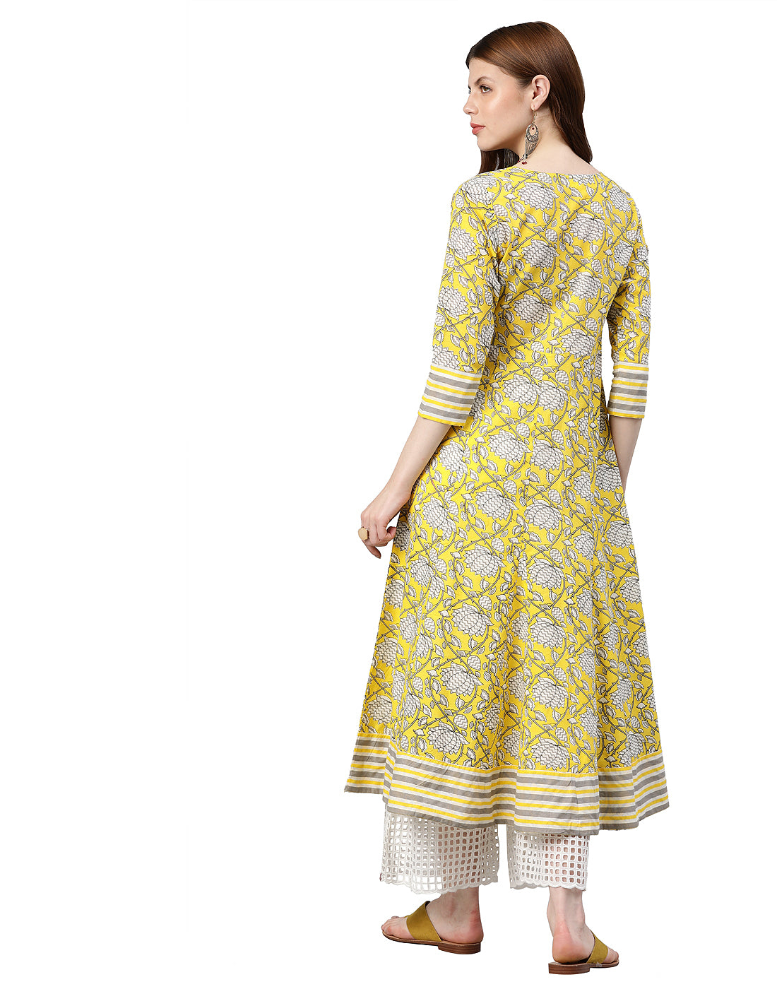 women cambric cotton floral printed anarkali kurta lemon yellow