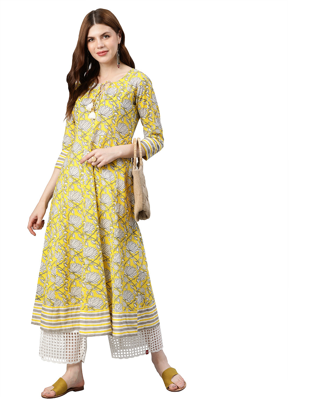 women cambric cotton floral printed anarkali kurta lemon yellow