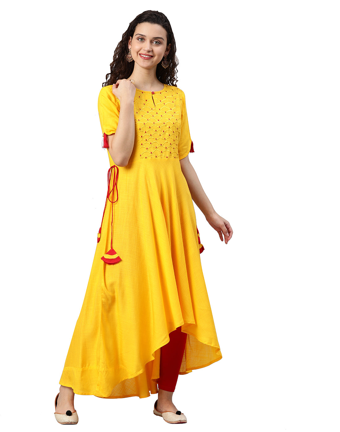 women rayon slub embroidered up down kurta yellow