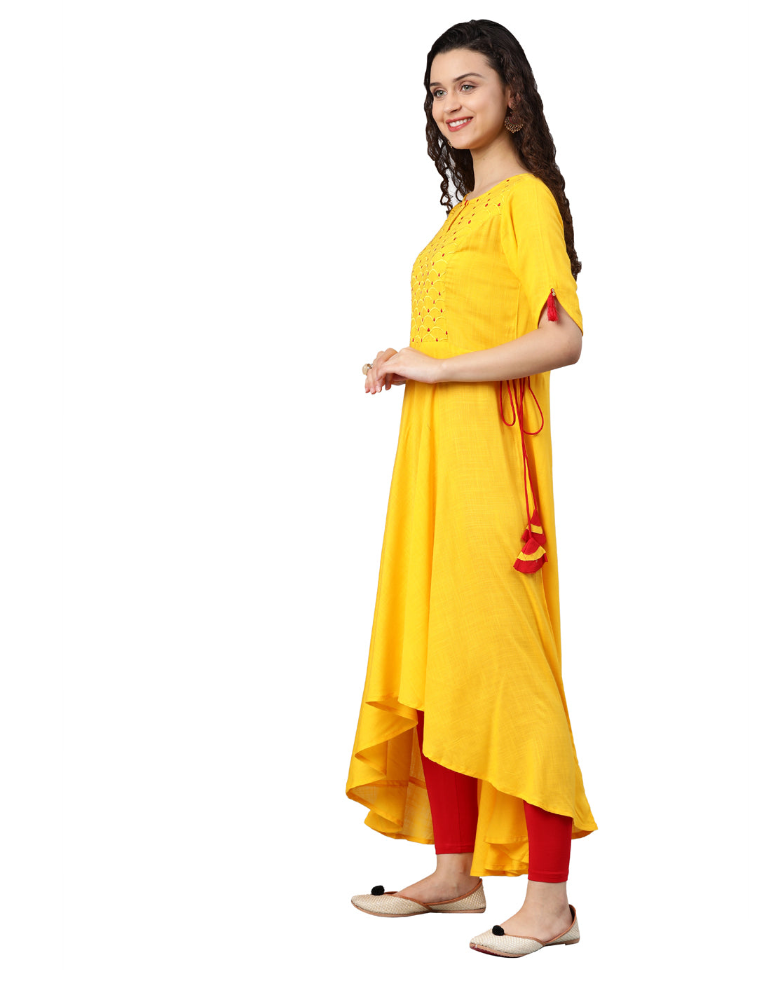 women rayon slub embroidered up down kurta yellow