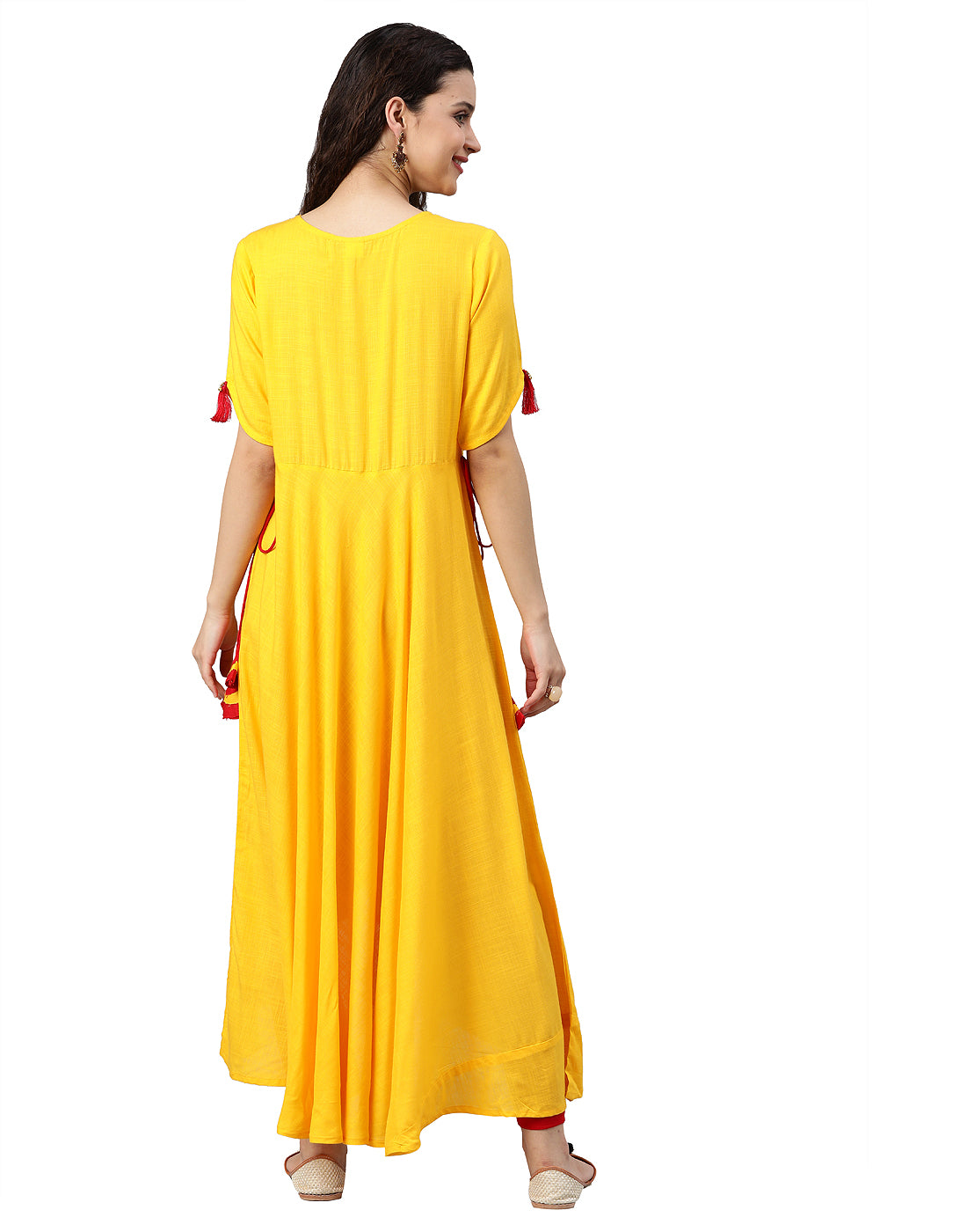 women rayon slub embroidered up down kurta yellow