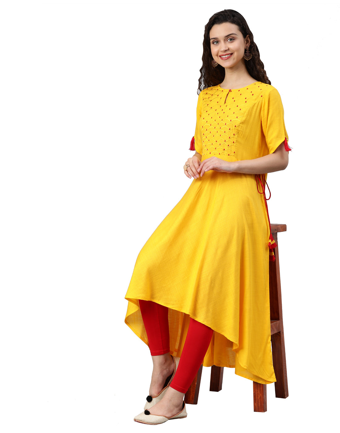 women rayon slub embroidered up down kurta yellow