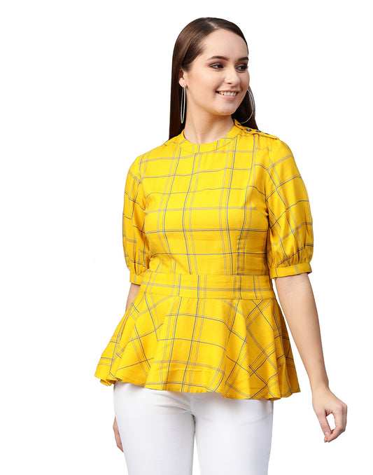 women rayon checks print regular top yellow