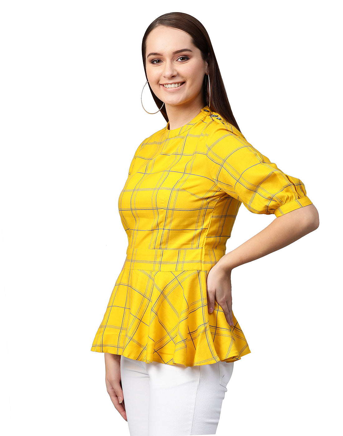 women rayon checks print regular top yellow