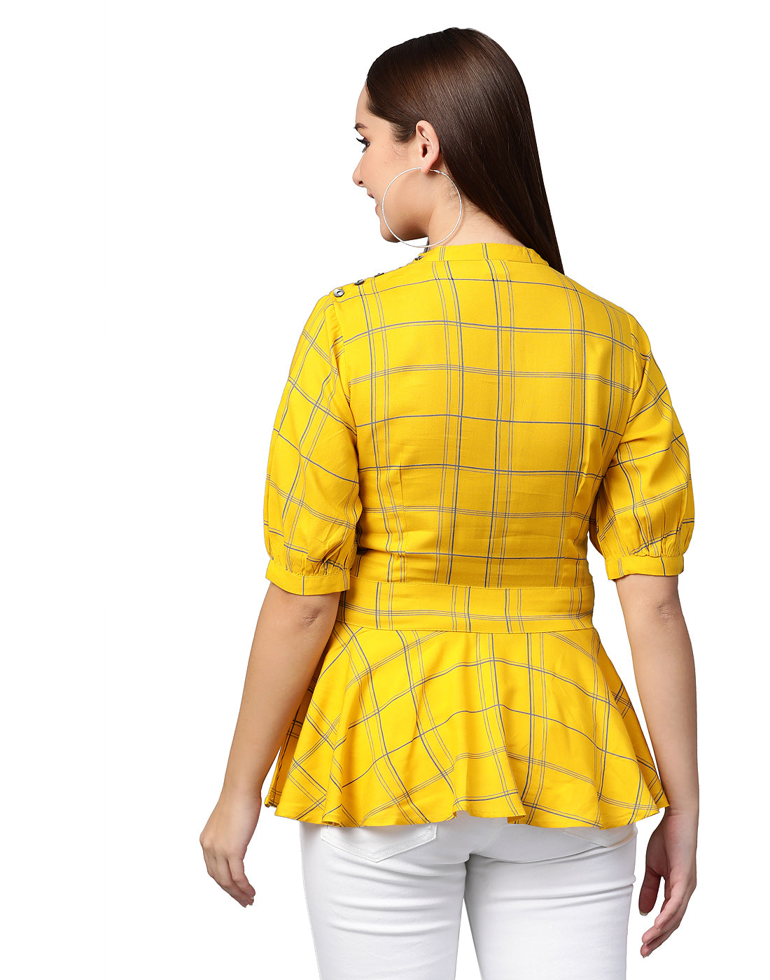 women rayon checks print regular top yellow