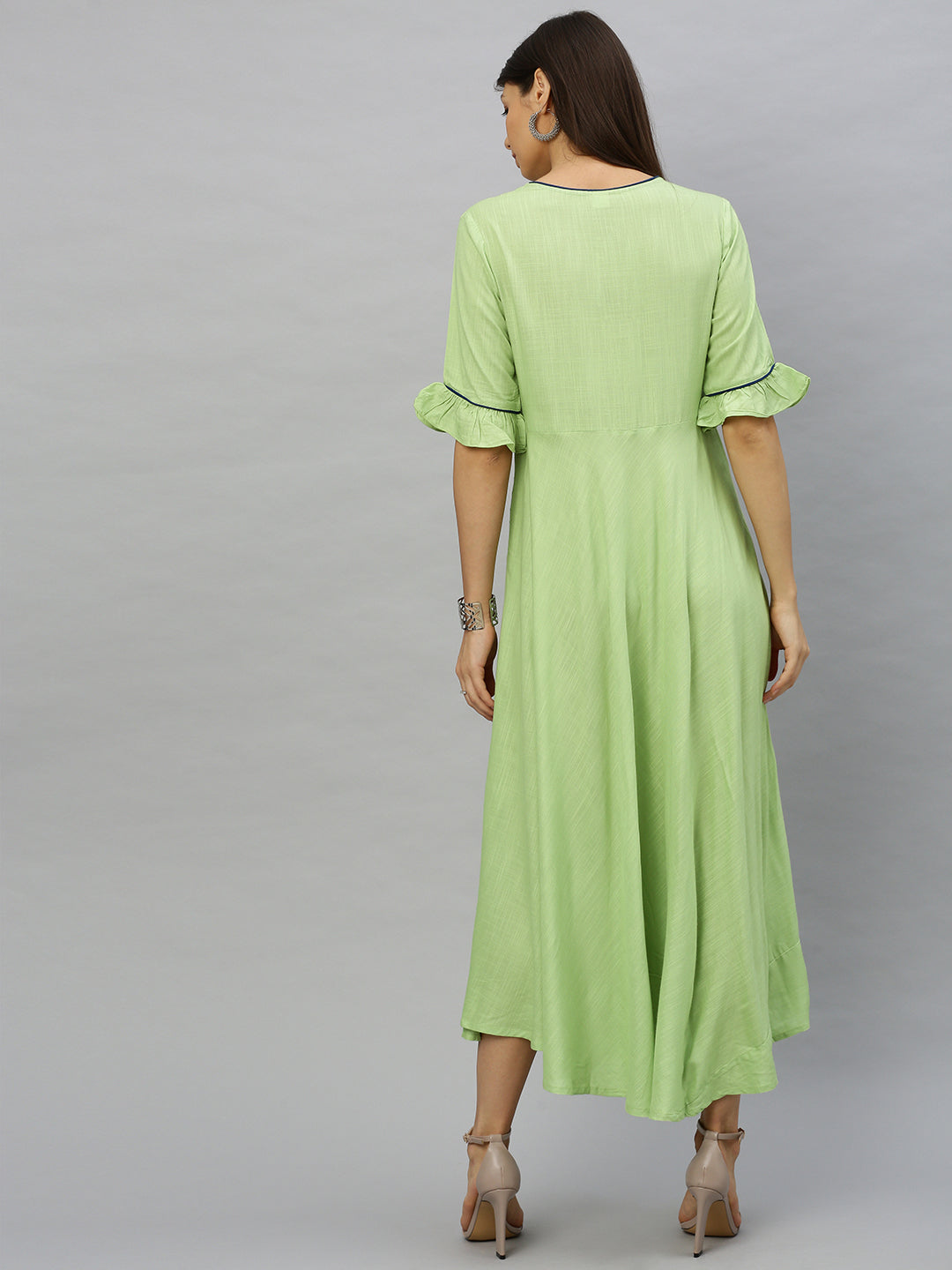  Rayon Slub Embroidered Anarkali Kurta Dress (Green)