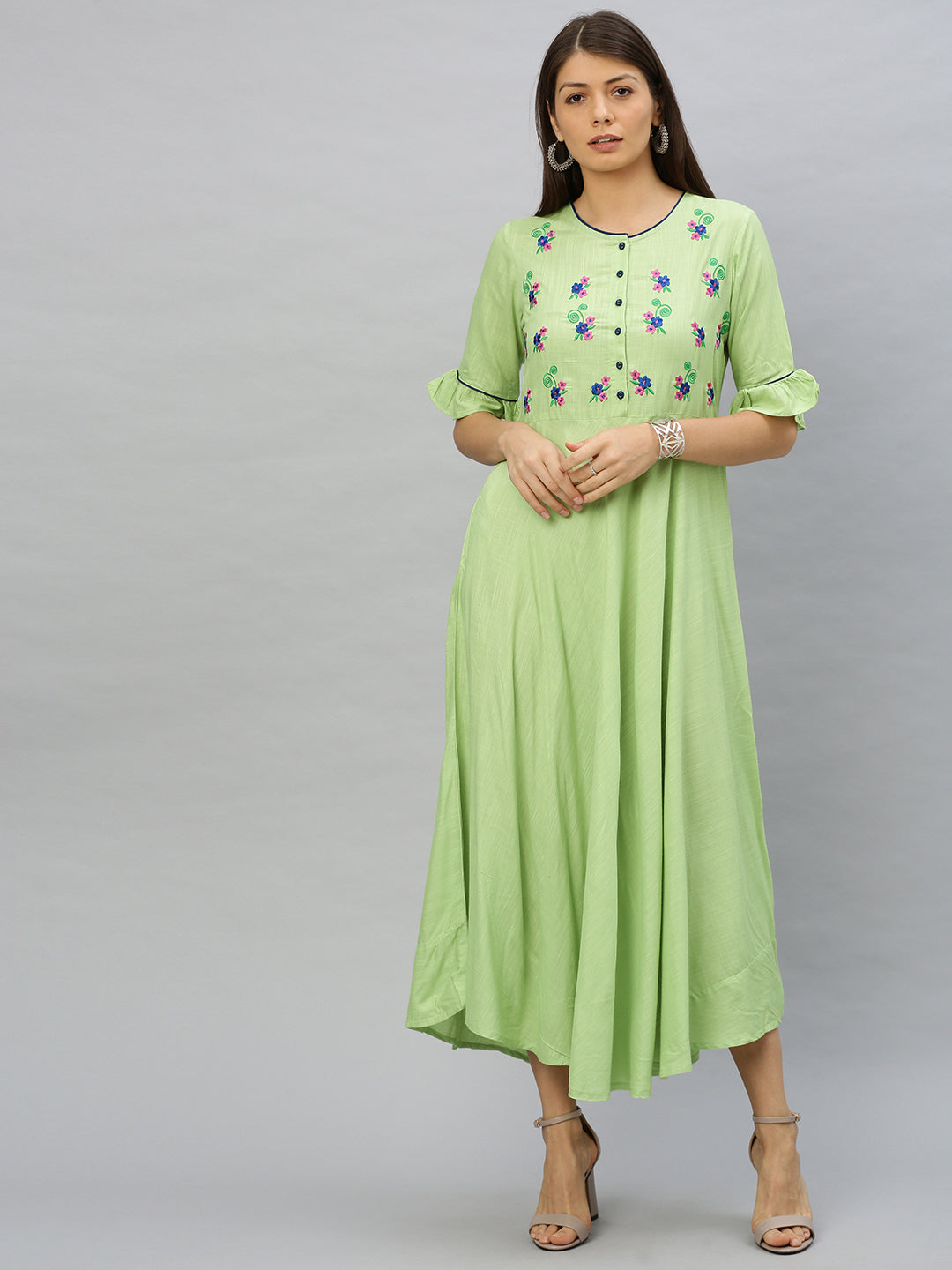  Rayon Slub Embroidered Anarkali Kurta Dress (Green)