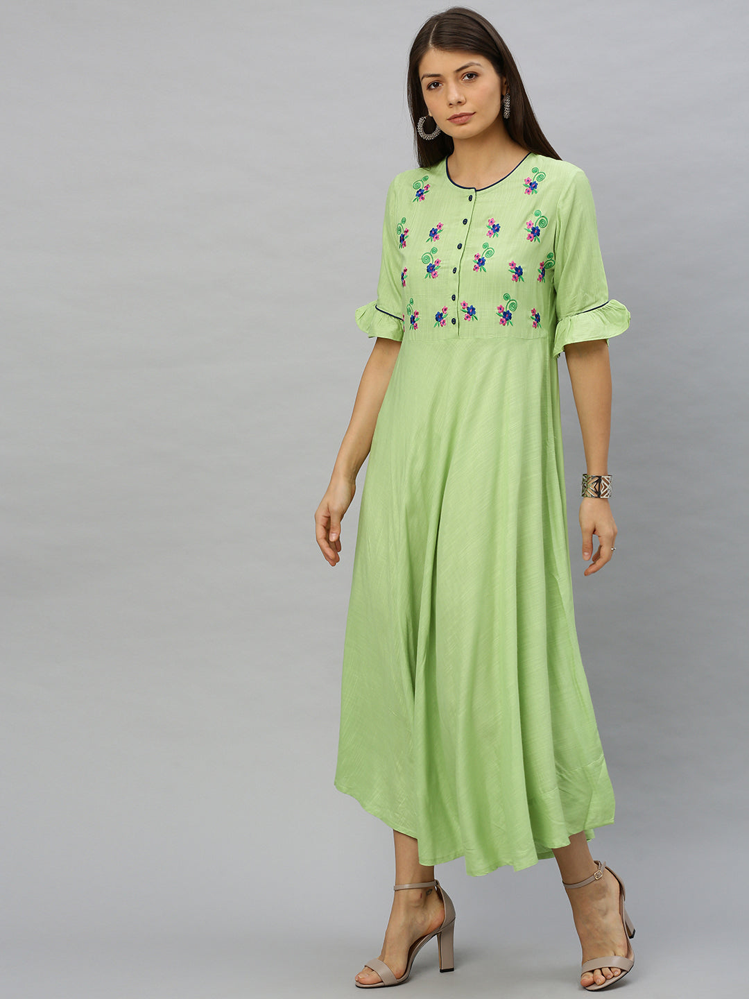 women rayon slub embroidered anarkali kurta dress green