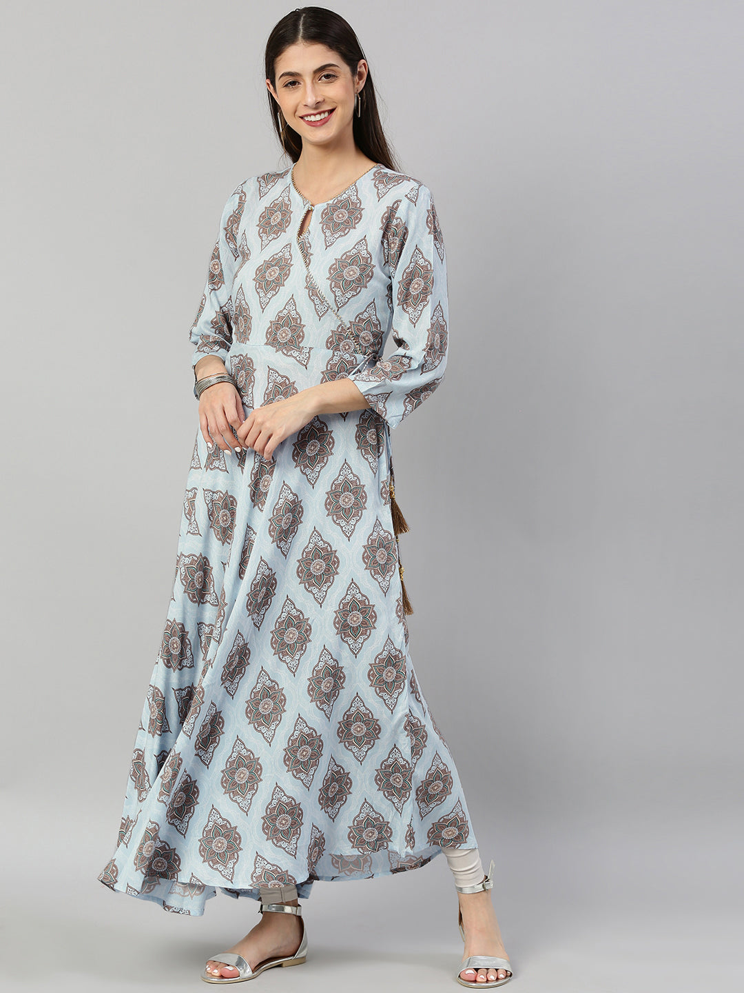 women rayon buta printed angrakha kurta blue