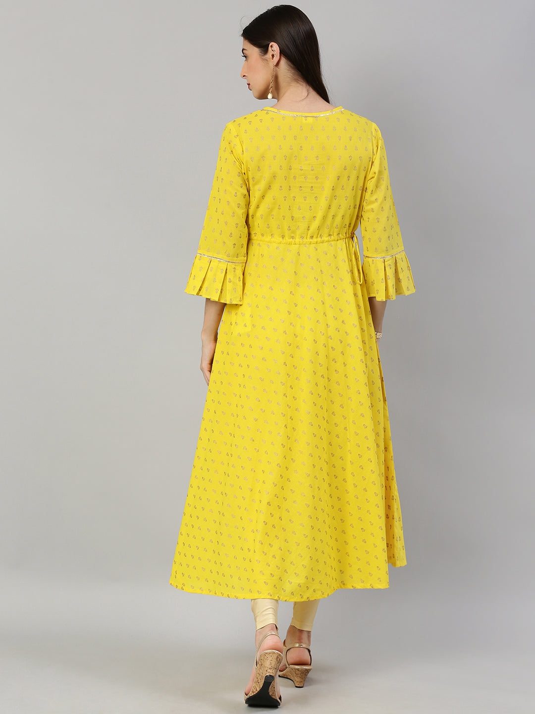  Cambric Cotton Golden Butti Printed Anarkali Kurta (Yellow)