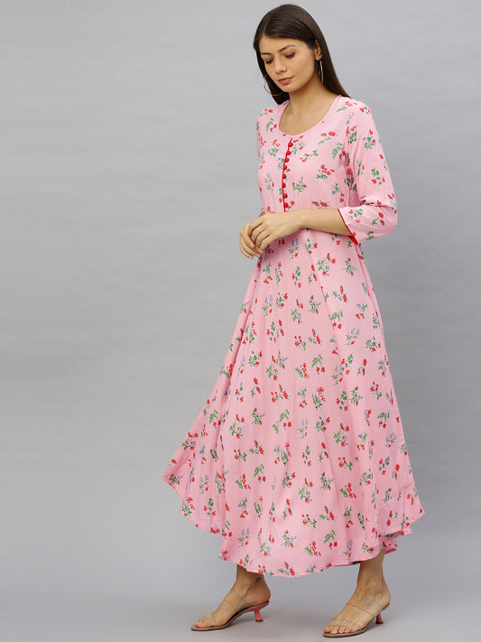 women rayon floral printed anarkali kurta dress pink
